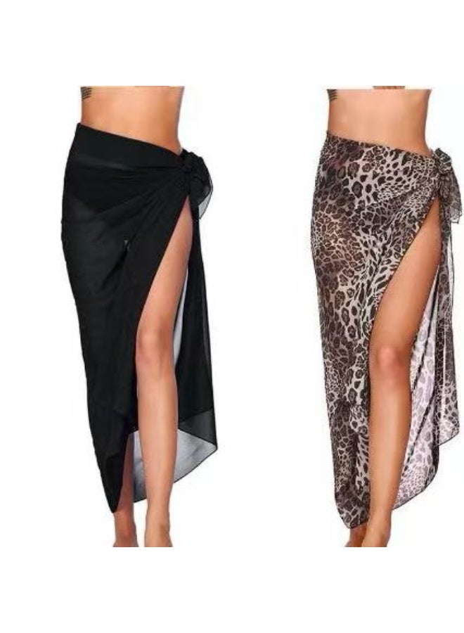 BravoCart 2-Pack Women's Chiffon Beach Cover-Up Sarong | Black & Leopard Print Tie Wrap Skirt | Bikini Swimsuit Accessory for Summer Vacation - Image 1