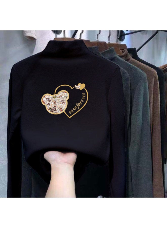 Boys And Girls Half Turtleneck German Velvet Bottoming Shirt Autumn And Winter New Warm Baby Cartoon Printed Long-sleeved T-shirt