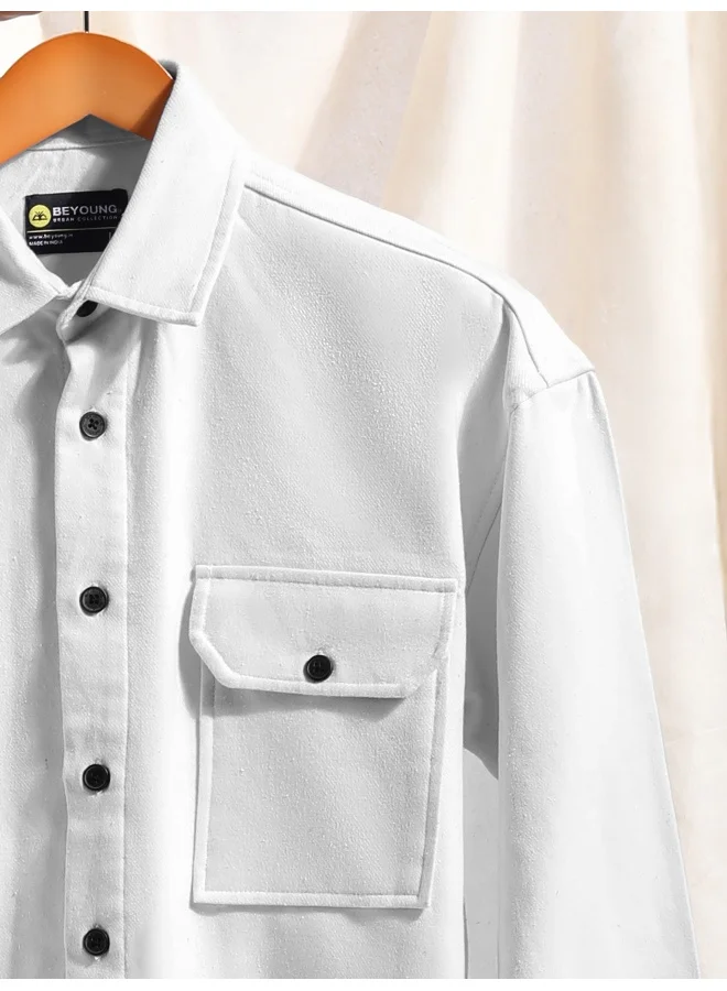 بيونغ قميص فلانيل أبيض معاد تدويره