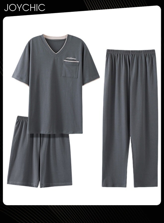 NIBEMINENT 3-piece Classic Spring and Autumn Pajamas Set for Men Modal Skin-friendly Short-sleeved Trousers Sleepwear Cotton Silk V Neck Home Clothes with Pockets Grey - Image 1