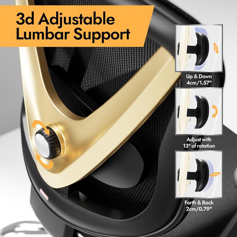 HOLLUDLE Ergonomic Mesh Office Chair - 3D Adjustable Lumbar Support & 3D Armrests, V-Shaped Back, Adjustable Desk Chair for Office & Home, Black and Gold - Image 3