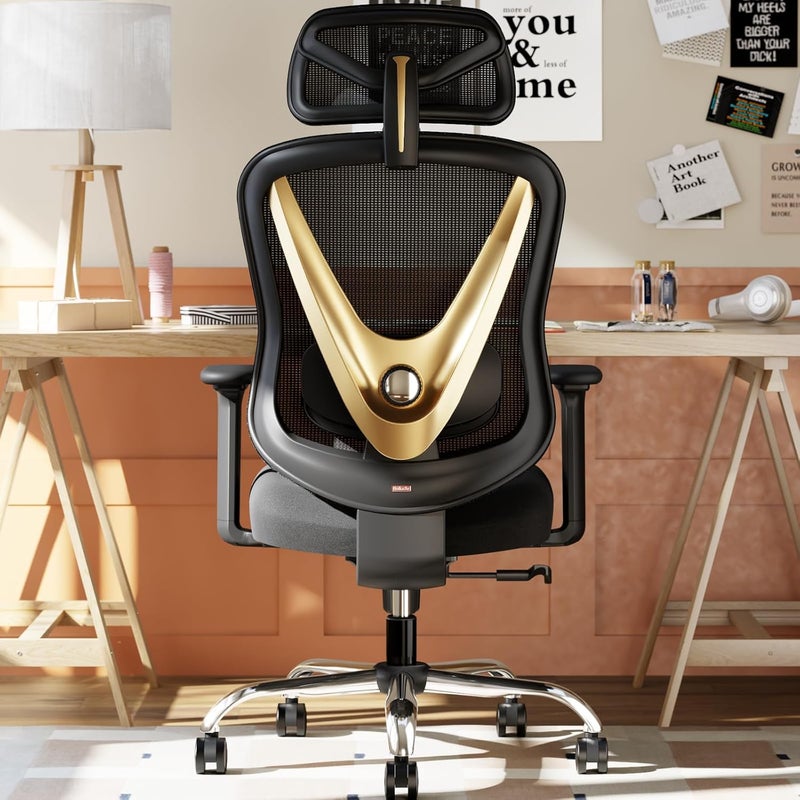 HOLLUDLE Ergonomic Mesh Office Chair - 3D Adjustable Lumbar Support & 3D Armrests, V-Shaped Back, Adjustable Desk Chair for Office & Home, Black and Gold - Image 1