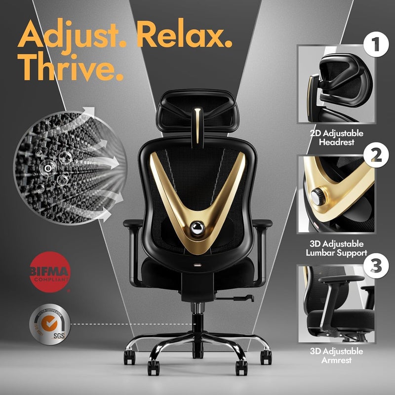 HOLLUDLE Ergonomic Mesh Office Chair - 3D Adjustable Lumbar Support & 3D Armrests, V-Shaped Back, Adjustable Desk Chair for Office & Home, Black and Gold - Image 4