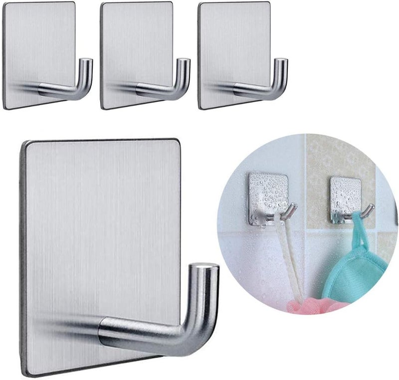 HASTHIP Adhesive hooks, bathroom hooks,heavy-duty hooks,Adhesive Bathroom Hooks Sets of 4 Hooks Self-adhesive Hooks 304 Stainless Heavy Duty Sticky Hooks for Bathroom Kitchen Livingroom Camper - Image 1