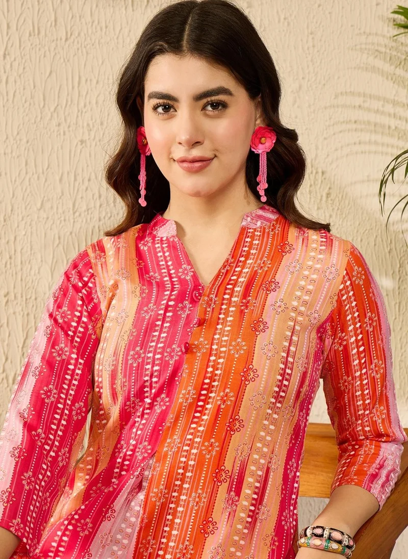 ZERESOUQ Orange Rayon Blend Floral Printed Tunic Top Only