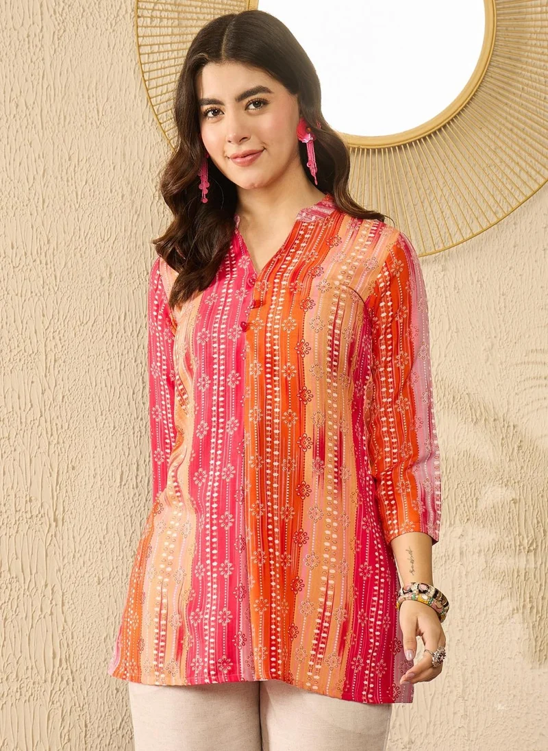 ZERESOUQ Orange Rayon Blend Floral Printed Tunic Top Only