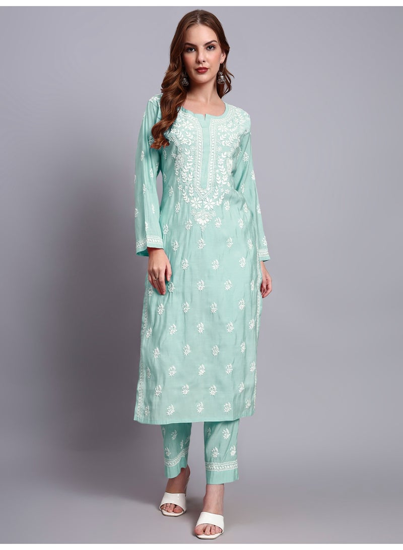 Alaya Hand Embroidered Chikankari Chanderi Kurta Set-AL4089KS - Image 1