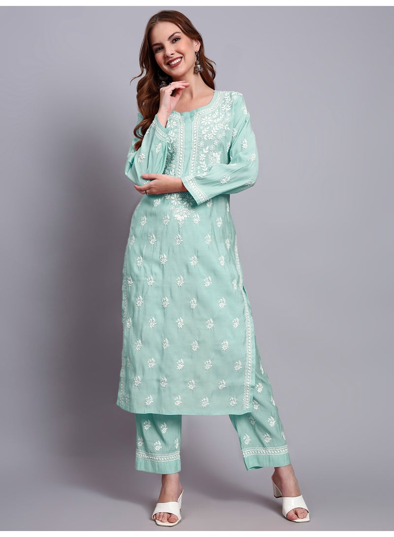 Alaya Hand Embroidered Chikankari Chanderi Kurta Set-AL4089KS - Image 3