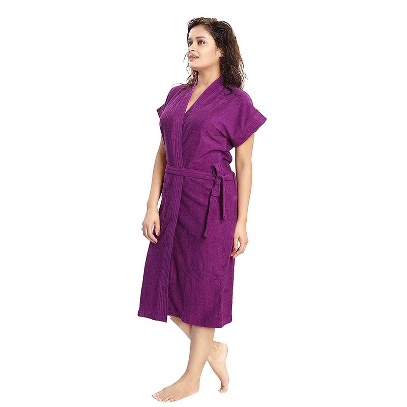 Poorak bathrobes terry cotton free size bathrobe for women bathsuit fit up to 42 inches chest size ladies Purple bathrobe - Image 3