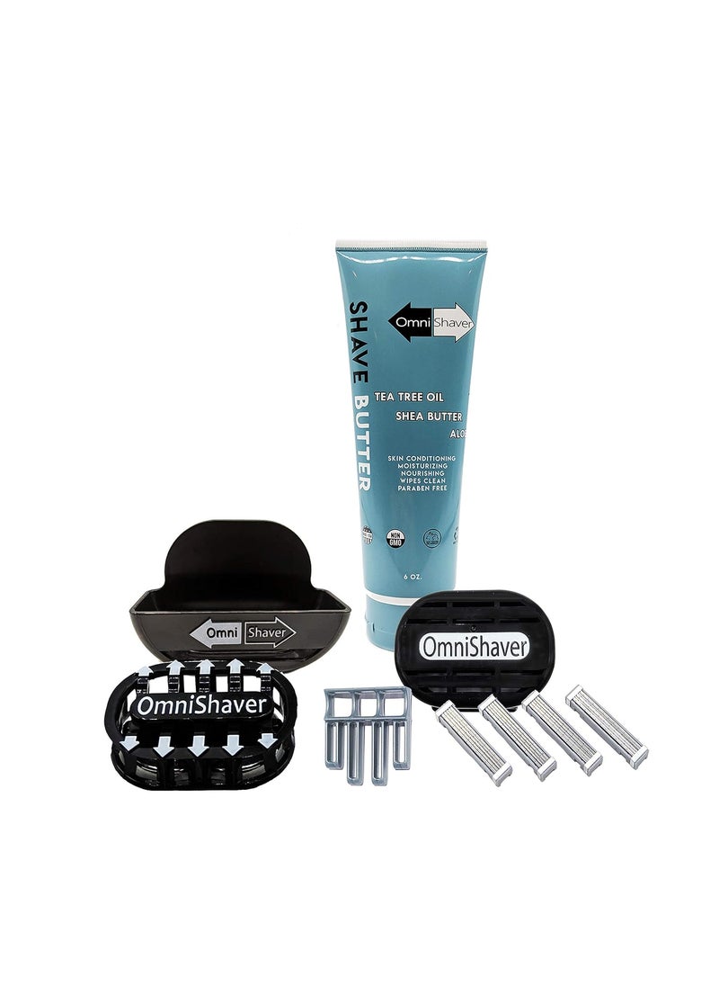 OmniShaver Premium Omnishaver Kit - Fastest Way to Shave Head, Legs, Arms, Body | An alternative to Disposable Shaving Razors Self Cleans & Strops During Use with Shave Butter & Replacement Cartridges - Black 