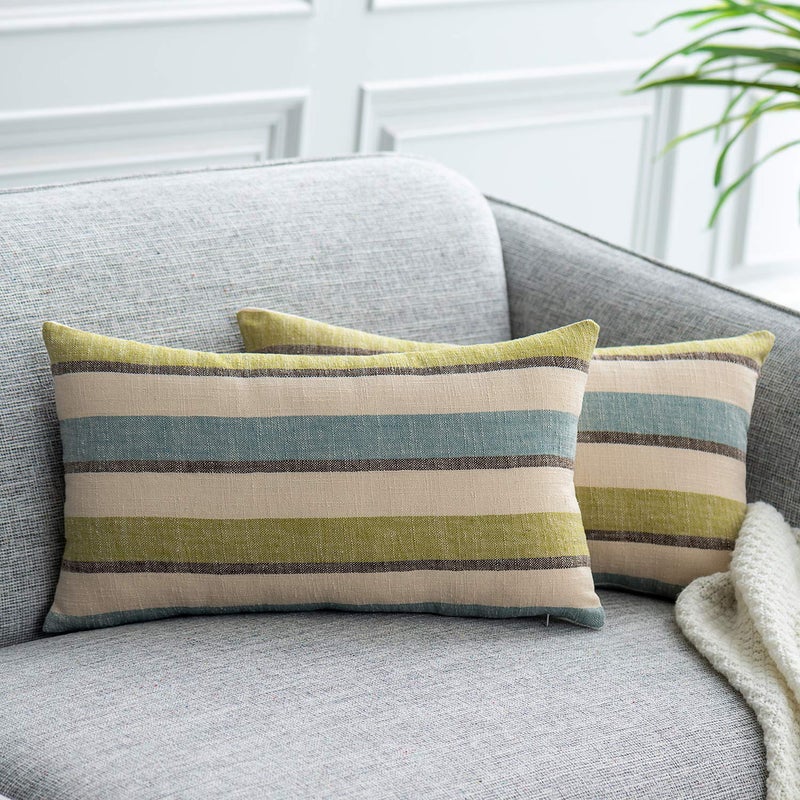 NATUS WEAVER 2 Pieces Decorative Classic Retro Stripe Throw Pillow Cover with Hidden Zipper Soft Linen Modern Farmhouse Lumbar Cushion Case for Sofa Bedroom Car 12 x 20 Inch Green Blue Mixed - Image 1
