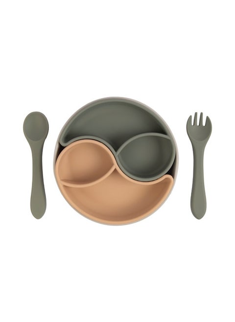 Feeding Set With Removable Sections , 3 Piece, Silicone Set Easy To Grip, Silicone Suction Plate With Silicone Spoon And Fork- Green