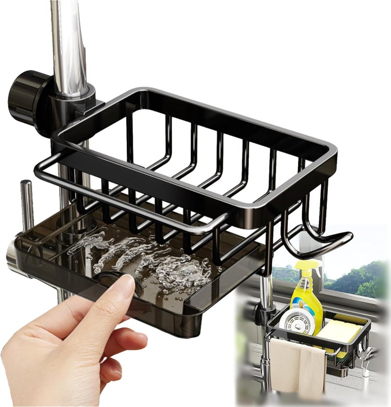 GCFTIFF Sink Organizer Rack for Kitchen and Bathroom, 2024 New Stainless Steel Detachable Hanging Faucet Drain Rack with Drip Tray Faucet Sponge Holder for Bathroom (Black, Right) - Image 1