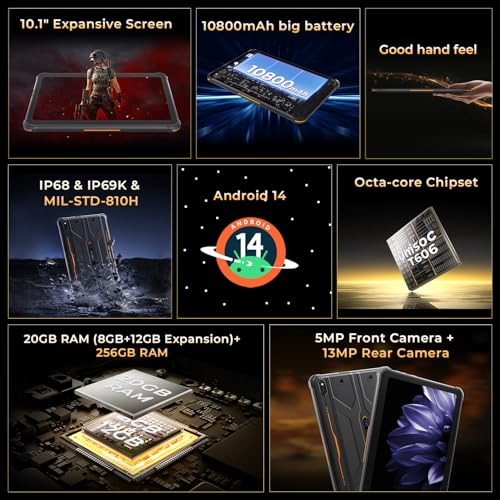 HOTWAV R10 Pro 2025 Rugged Tablet Android 14-10.1 Inch HD+ 10800mAh Waterproof Tablet, 20GB RAM+256GB ROM/1TB TF Outdoor Tablets, 13MP+5MP Camera Octa-Core IP68&IP69K/4G-LTE/5G WiFi/Face ID/GPS/OTG - Image 4