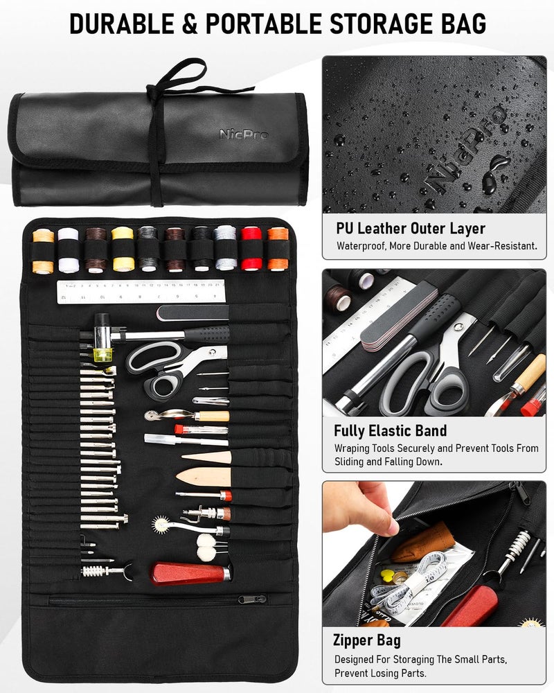 Nicpro 85PCS Leather Tooling Kit Leather Working Tools Kit with Custom Storage Bag, Adults Leather Making Craft Tools Beginner Kit for Stamping Sewing Carving Cutting Punching Leather Working - Image 2
