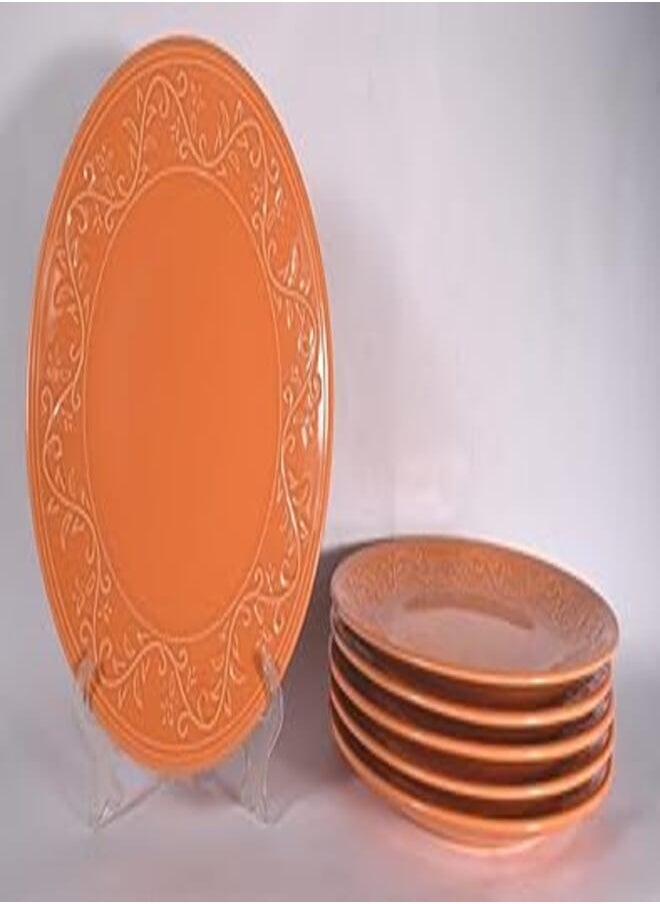 Kutahya KUTAHYA 6Pcs Dinnerware Set Round Flat Plate, NATUTRAL CERAMIC 25 cm - Flower Orange (IVY91) 