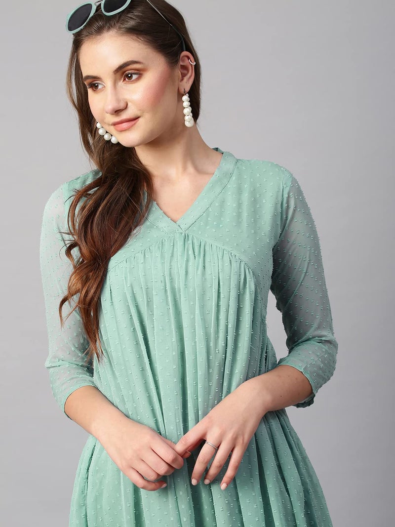 RATAN Women's Green Chiffon Self Design Flared Kurta(TBT-Turq-M), Regular Fit - Image 2