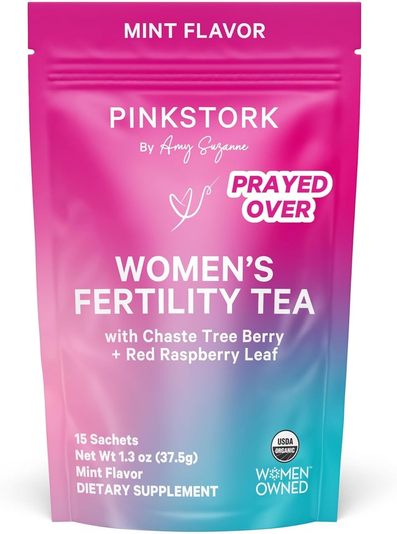 Pink Stork Fertility Tea for Conception and Hormone Balance with Organic Mint, Vitex, and Red Raspberry Leaf, Caffeine Free - Mint, 15 Sachets, Hot or Iced - Image 1