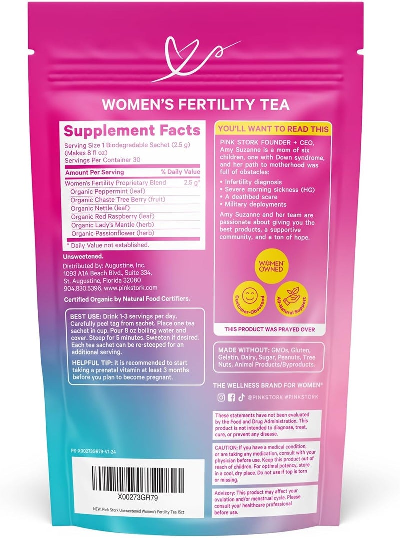 Pink Stork Fertility Tea for Conception and Hormone Balance with Organic Mint, Vitex, and Red Raspberry Leaf, Caffeine Free - Mint, 15 Sachets, Hot or Iced - Image 2