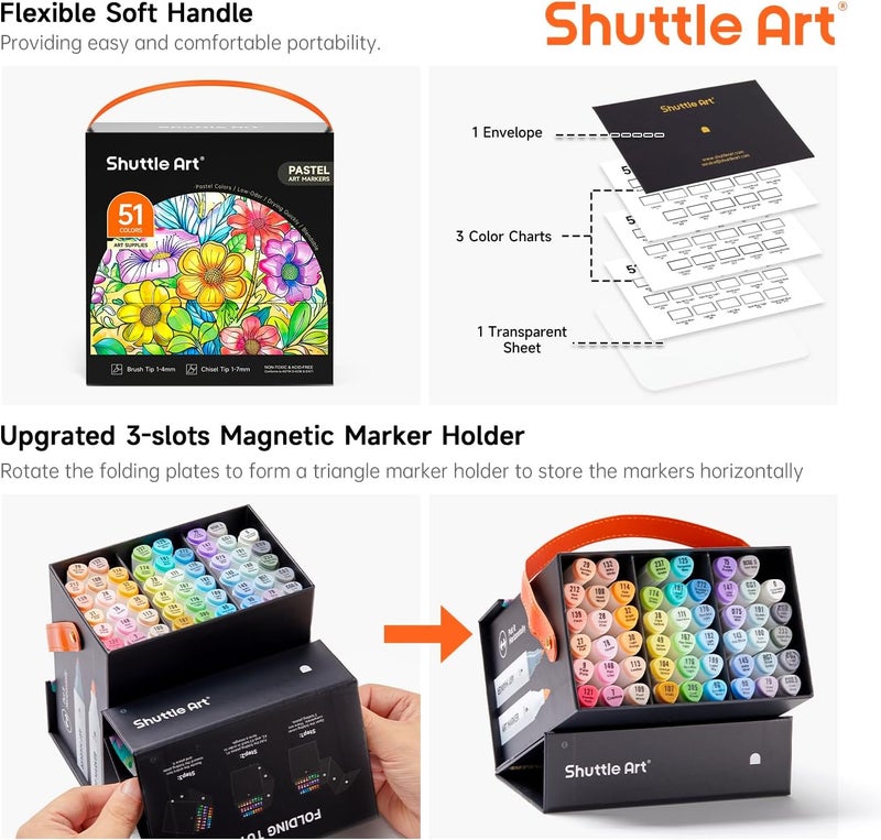 Shuttle Art Pastel Alcohol Markers Brush tip, Dual Tip Brush & Fine Tip Art Marker Set, 50 Colors plus 1 Blender Marker Pens with Case Perfect for Illustration Kids Students Adults Coloring Sketching - Image 5