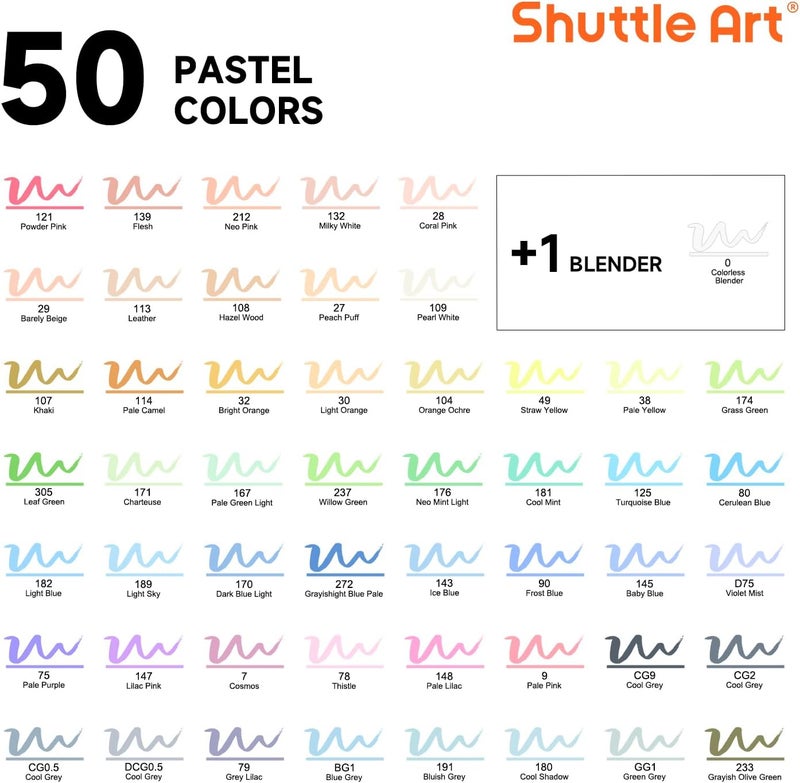 Shuttle Art Pastel Alcohol Markers Brush tip, Dual Tip Brush & Fine Tip Art Marker Set, 50 Colors plus 1 Blender Marker Pens with Case Perfect for Illustration Kids Students Adults Coloring Sketching - Image 3