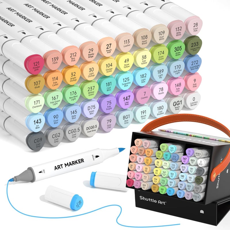 Shuttle Art Pastel Alcohol Markers Brush tip, Dual Tip Brush & Fine Tip Art Marker Set, 50 Colors plus 1 Blender Marker Pens with Case Perfect for Illustration Kids Students Adults Coloring Sketching - Image 1