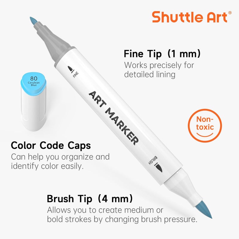 Shuttle Art Pastel Alcohol Markers Brush tip, Dual Tip Brush & Fine Tip Art Marker Set, 50 Colors plus 1 Blender Marker Pens with Case Perfect for Illustration Kids Students Adults Coloring Sketching - Image 4
