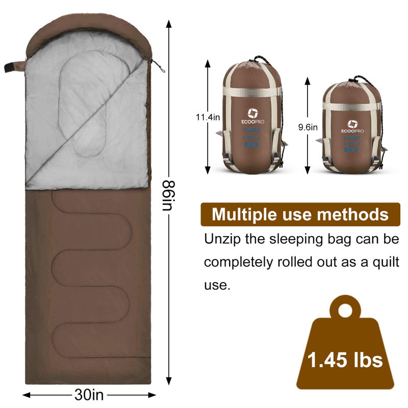 ECOOPRO Warm Weather Sleeping Bag - Portable, Waterproof, Compact Lightweight, Comfort with Compression Sack - Great for Outdoor Camping, Backpacking & Hiking-83 L x 30" W Fits Adults (K-Brown) - Image 2