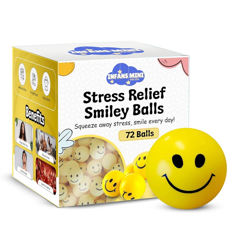 Infans Mini Smiley Balls for Kids Non-Toxic Squeeze Toys, Soft Foam Sponge Ball for Hand Exercise & Stress Relief for Adults (Pack of 72) - Image 1