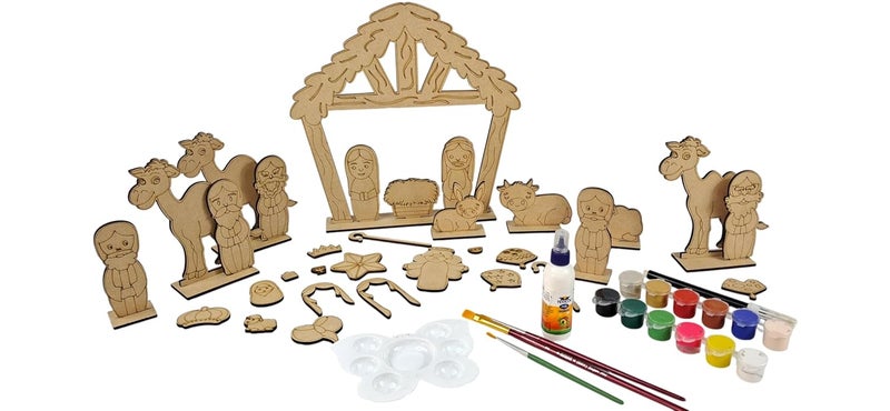 StepsToDo DIY Wooden Christmas Nativity Scene Painting Kit | 25+ Wood Cut Figures, Stable, Paints, Brushes & Glue | Kids Christmas Craft Set | DIY Crib Making Kit for Home Décor & Gifting - Image 1