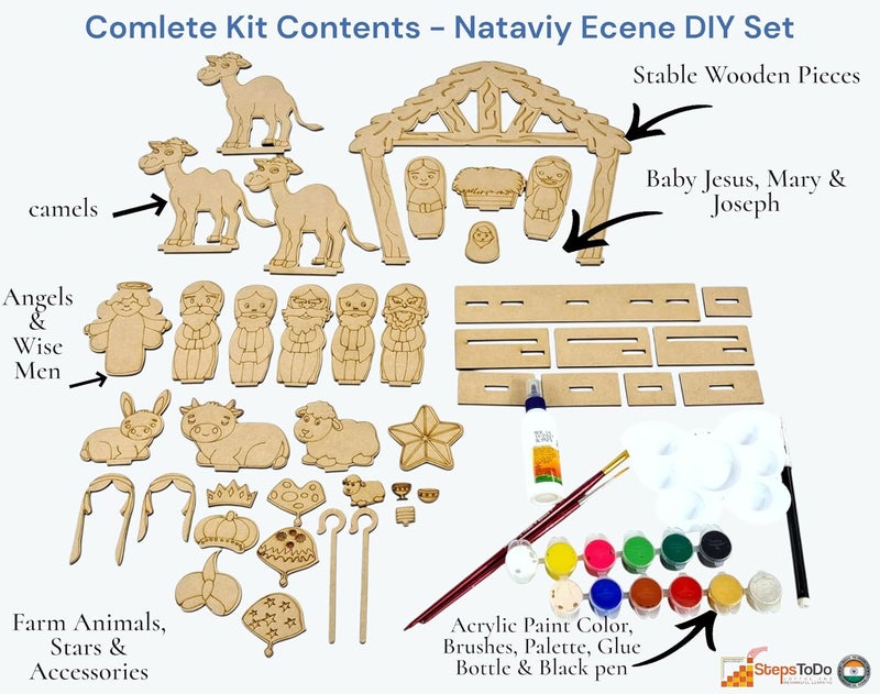 StepsToDo DIY Wooden Christmas Nativity Scene Painting Kit | 25+ Wood Cut Figures, Stable, Paints, Brushes & Glue | Kids Christmas Craft Set | DIY Crib Making Kit for Home Décor & Gifting - Image 5