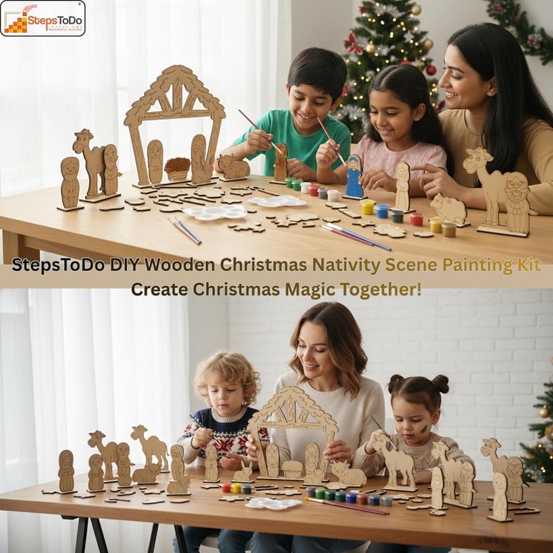 StepsToDo DIY Wooden Christmas Nativity Scene Painting Kit | 25+ Wood Cut Figures, Stable, Paints, Brushes & Glue | Kids Christmas Craft Set | DIY Crib Making Kit for Home Décor & Gifting - Image 4