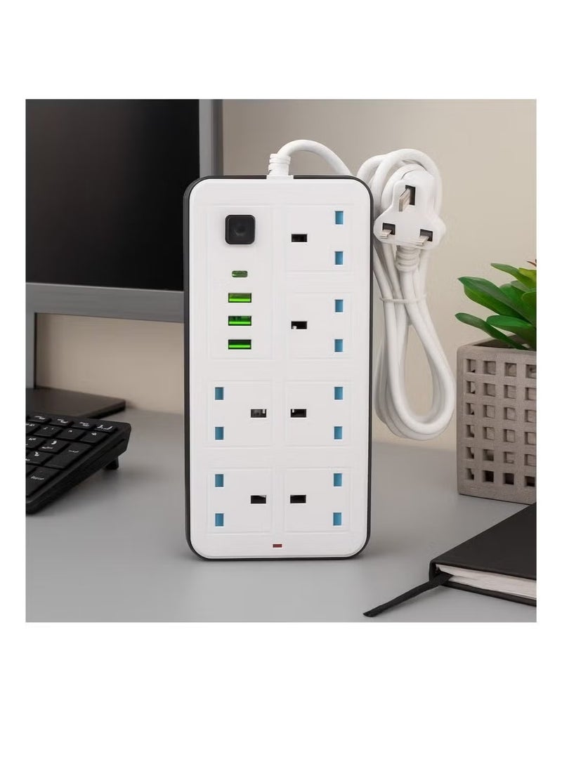 TRADAMIX 5-meter Power Strip - 2000W Power Strip with 6 AC Outlets + 3 USB Ports + 1 Type-C PD Port | 3.4A Auto Charging | Static Electricity Protection | - White | Includes a static electricity jumper and durable cable for safe and efficient charging - Image 1
