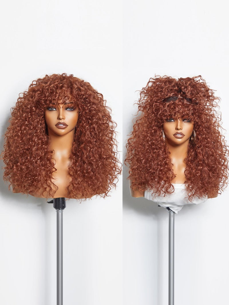GORGIUS Veralux Blend Human Hair Ginger Curly Wig with Bangs Glueless Synthetic Curtain Bang Wigs with Realistic Scalp Put On and Go Beginner Friendly 20 Inch - Image 1