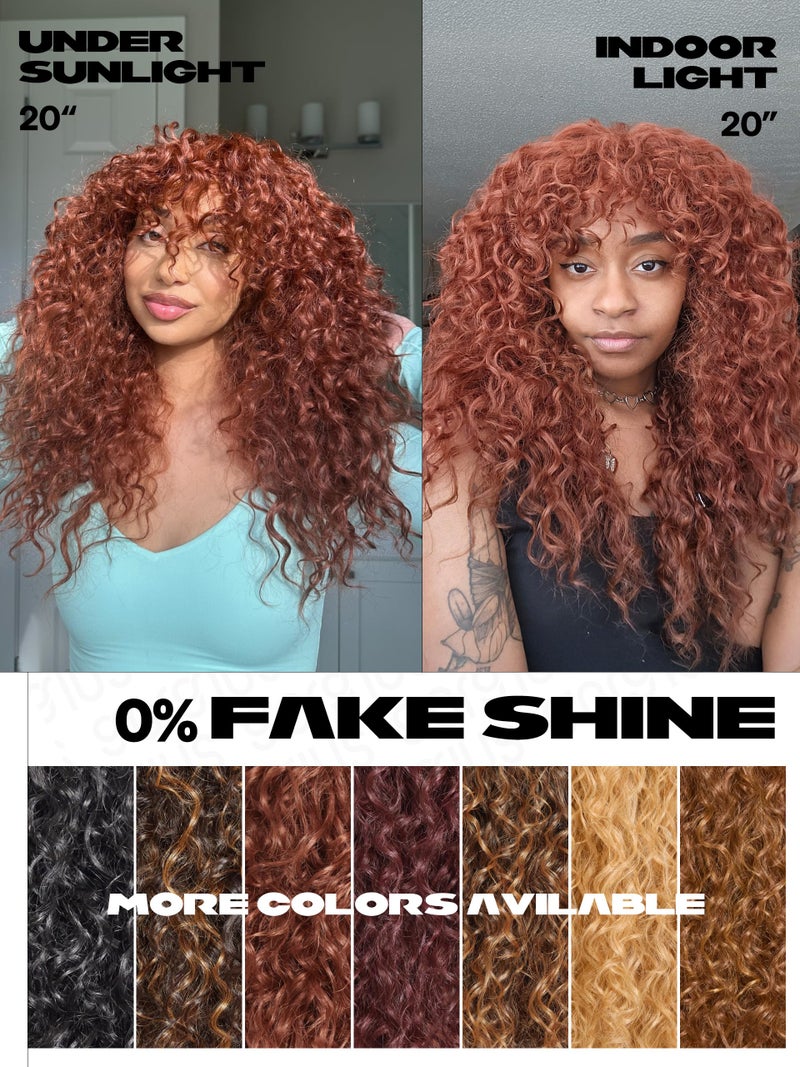GORGIUS Veralux Blend Human Hair Ginger Curly Wig with Bangs Glueless Synthetic Curtain Bang Wigs with Realistic Scalp Put On and Go Beginner Friendly 20 Inch - Image 4