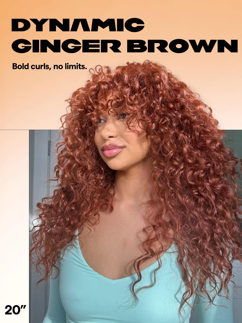 GORGIUS Veralux Blend Human Hair Ginger Curly Wig with Bangs Glueless Synthetic Curtain Bang Wigs with Realistic Scalp Put On and Go Beginner Friendly 20 Inch - Image 2