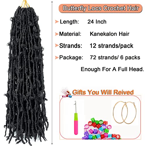 Ahrencan Butterfly Locs Crochet Hair 24 Inch, 6 Packs Soft Black Butterfly Locs Pre looped Distressed Faux Locs Crochet Hair For Women,Prelooped Pretwisted Crochet Braids Hair(24in,6packs,1B#) - Image 2