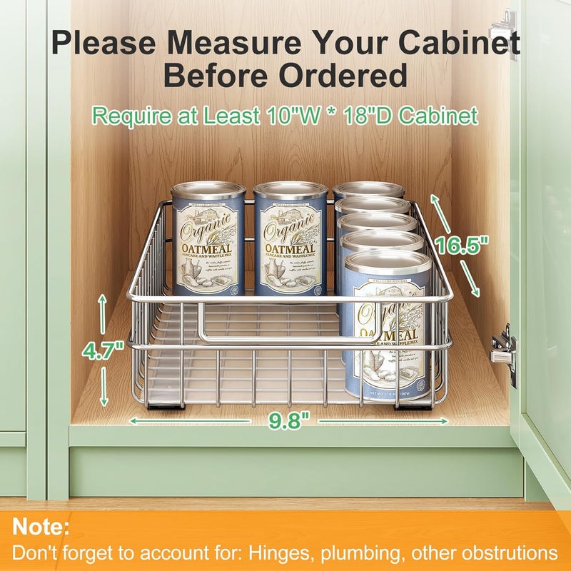 Kitstorack Pull out Cabinet Organizer, Stainless Steel 2-Pack (9.8"W x 16.5"D) Full-Extension Slide out Drawer, Adhesive Roll out Can Spice Storage Basket Shelf Rack for Pantry, Kitchen, Bathroom, Home Closet - Image 2