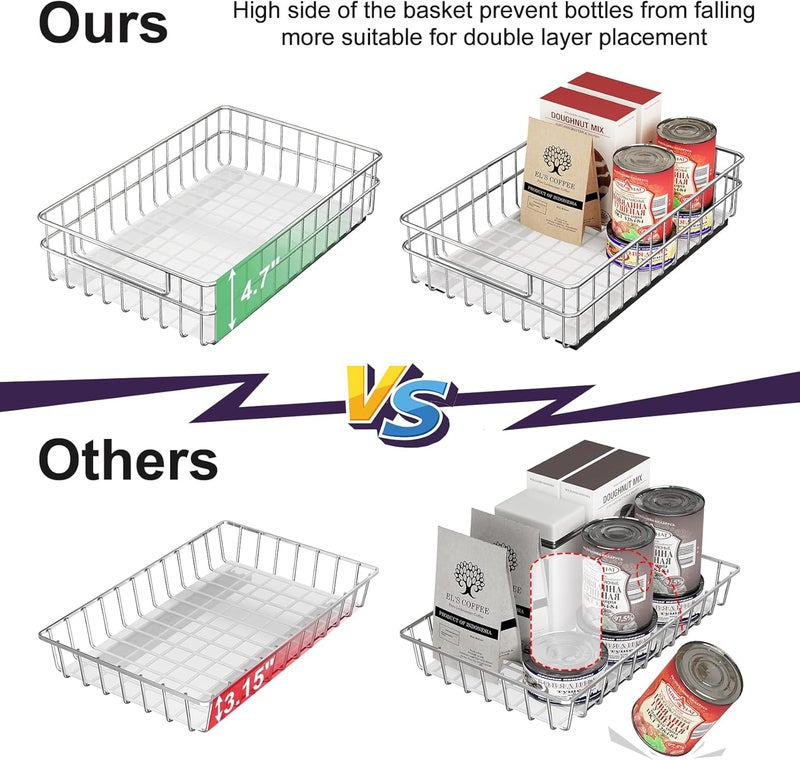 Kitstorack Pull out Cabinet Organizer, Stainless Steel 2-Pack (9.8"W x 16.5"D) Full-Extension Slide out Drawer, Adhesive Roll out Can Spice Storage Basket Shelf Rack for Pantry, Kitchen, Bathroom, Home Closet - Image 4