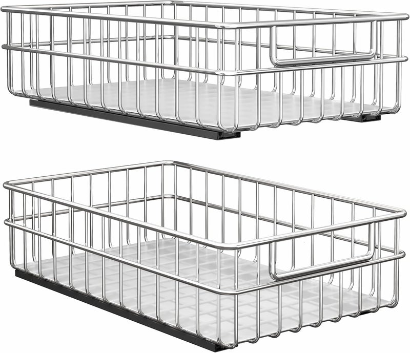 Kitstorack Pull out Cabinet Organizer, Stainless Steel 2-Pack (9.8"W x 16.5"D) Full-Extension Slide out Drawer, Adhesive Roll out Can Spice Storage Basket Shelf Rack for Pantry, Kitchen, Bathroom, Home Closet - Image 1