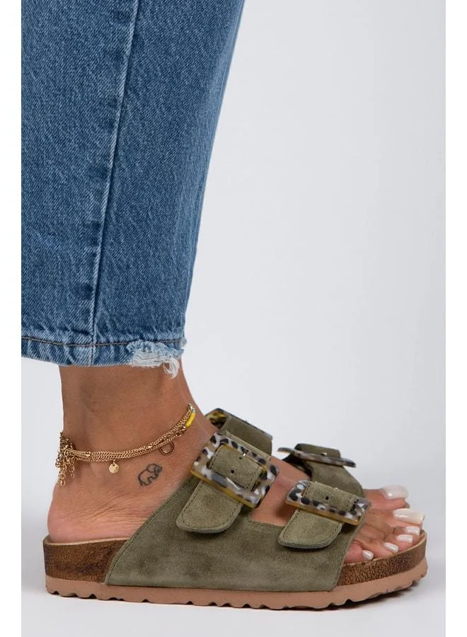 Manijero  Alona Women's Genuine Leather Double Buckle Aqua Green Slippers. for Women | Best Price UAE