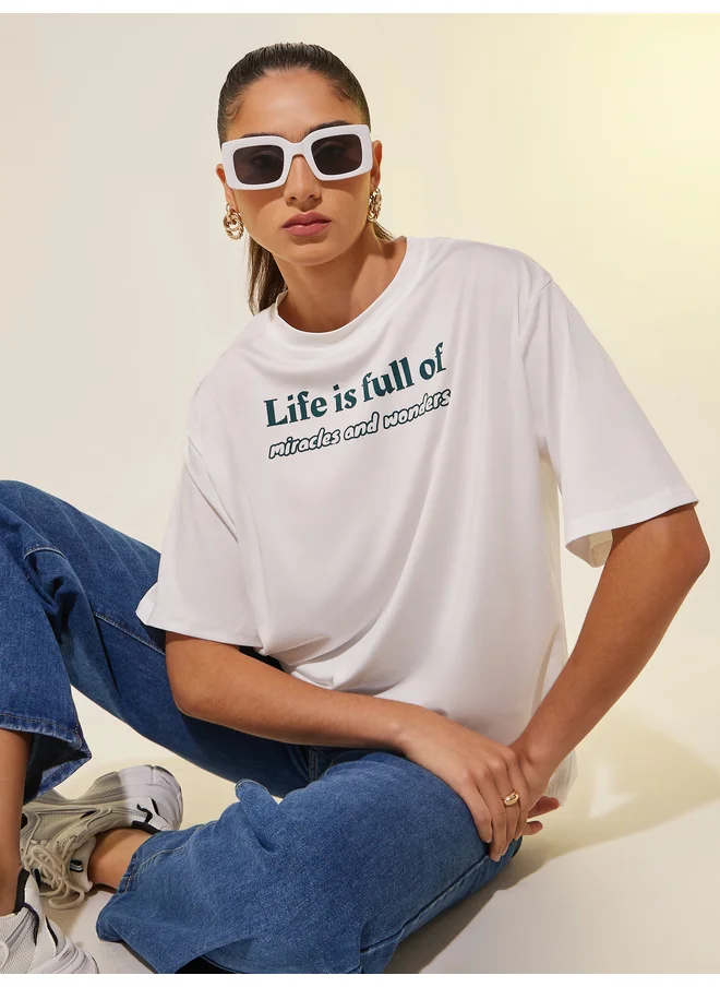 تايك تو Take Two Round Neck Slogan Print T-Shirt