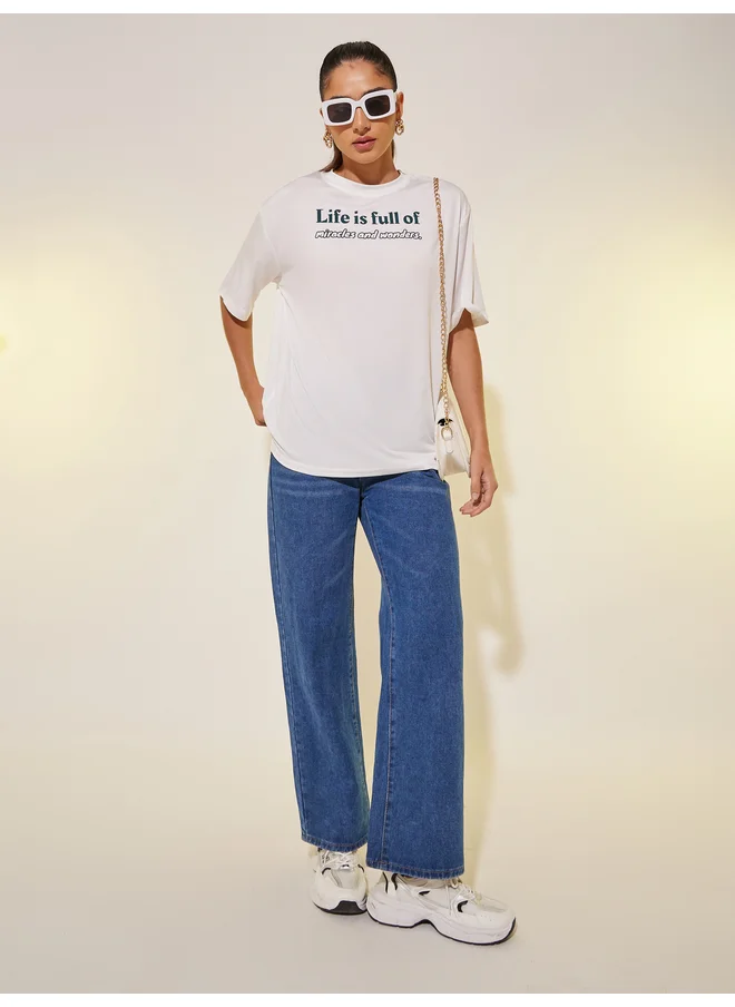 تايك تو Take Two Round Neck Slogan Print T-Shirt