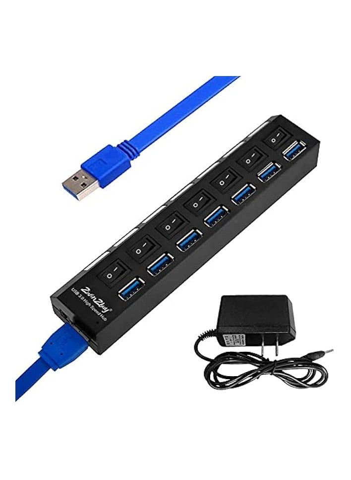 USB HUB 3.0 Splitter for ,2win2buy 7 Port USB Data Hub With Power Adapter and Charging Port,Individual On/Off Switches & Lights For Laptop PC computer Mac 4 Slim Pro Flash Drive