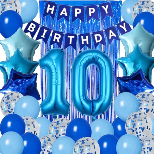 DUFACAI 10th Birthday Decorations for Boys Blue Happy 10th Birthday Banner Tenth Bday Supplies 32inch Number 10 Balloons Fringe Curtain 10 Years Old Bday Party Supplies Kit for Him Her Girls Blue - Image 1
