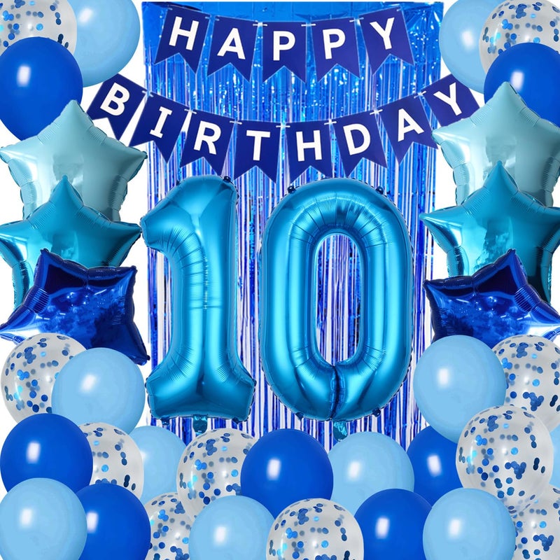 DUFACAI 10th Birthday Decorations for Boys Blue Happy 10th Birthday Banner Tenth Bday Supplies 32inch Number 10 Balloons Fringe Curtain 10 Years Old Bday Party Supplies Kit for Him Her Girls Blue - Image 3