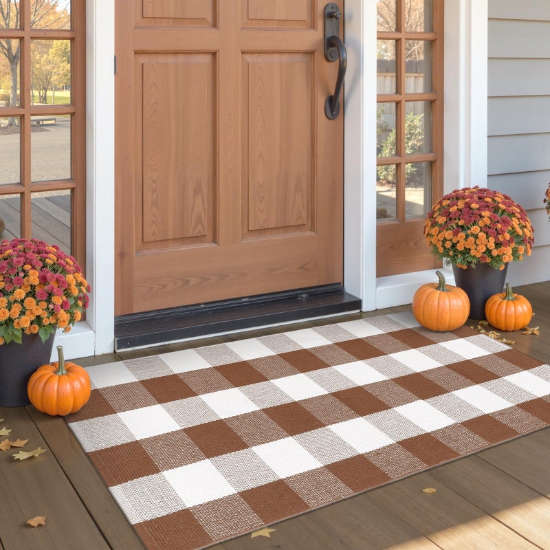 Ojia Buffalo Plaid Checkered Rug 24"x51" Fall Door Mat Front Door Rug, Washable Front Door Mats Outdoor Entrance Porch Carpet Woven Autumn Welcome Mats Indoor Farmhouse Layered Doormats for Entryway - Image 1