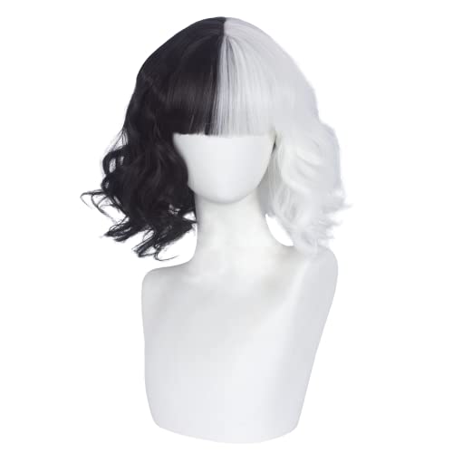 Askuang Women Cosplay Costume Wig Half Black And White Fluffy Short Curly Synthetic Wigs for Halloween Christmas Carnival Party Daily - Image 1