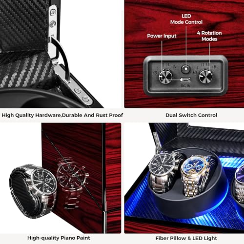 ANWBROAD Watch Winders For Automatic Watches, Automatic Watch Winder Box With Led Light, Watch Turner For Automatic, 4 Watch Rotator And Super Quiet Motor And 4 Rotation Mode, UJWW011Y - Image 4