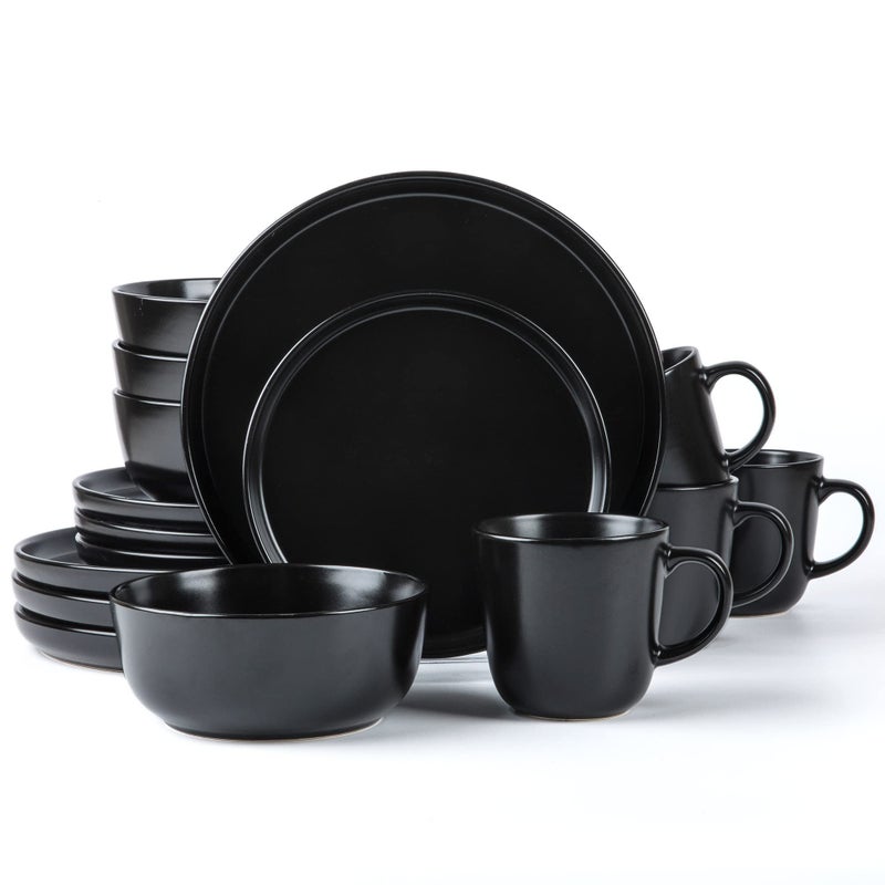 ARORA SKUGGA Round Stoneware 16pc Dinnerware Set of 4 Dinner Plates Side Plates Cereal Bowls Mugs  Matte Black 472979